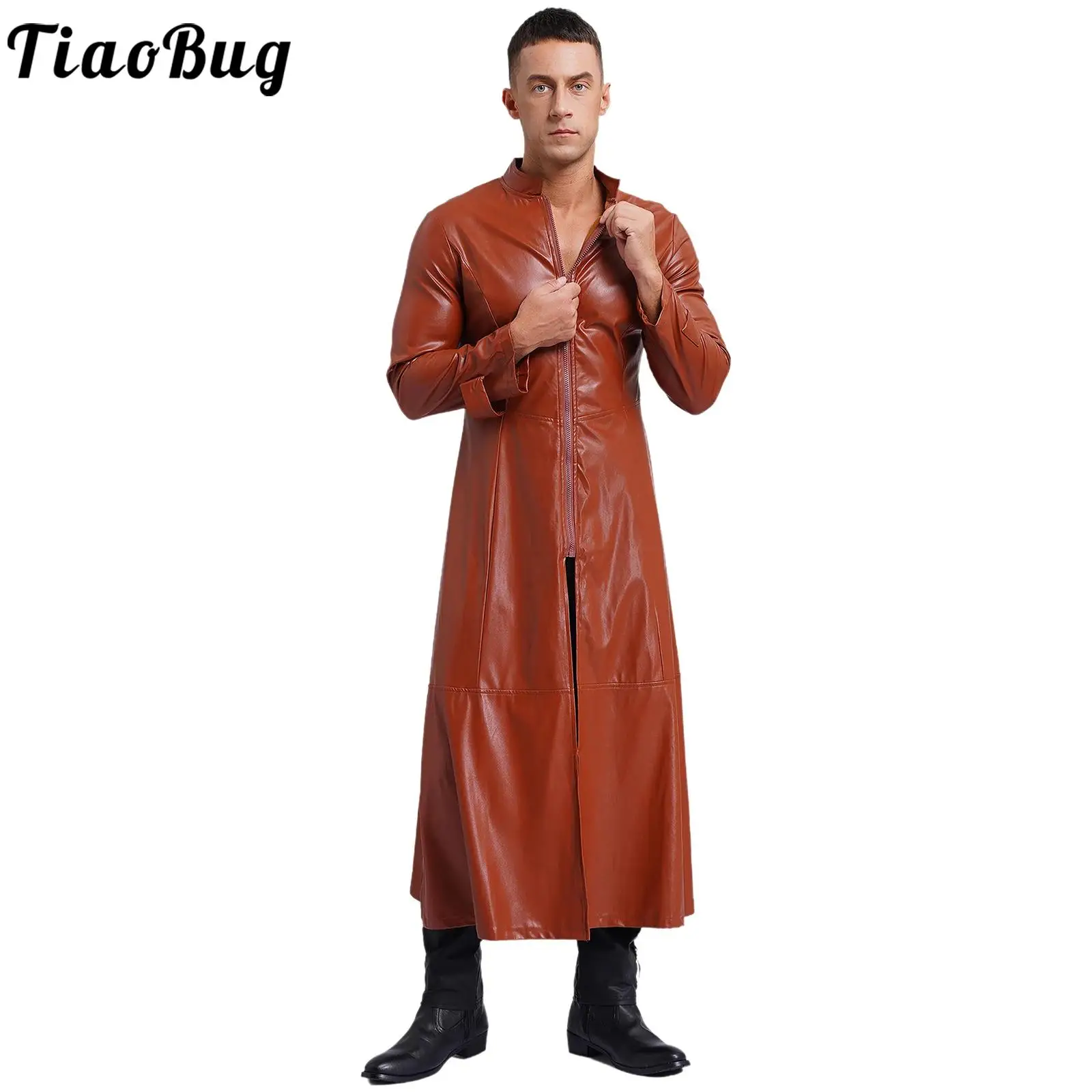 

Mens Steampunk Faux Leather Long Trench Overcoat Punk Style Long Sleeve Stand Collar Zipper Windproof Jackets Coat Rave Clubwear