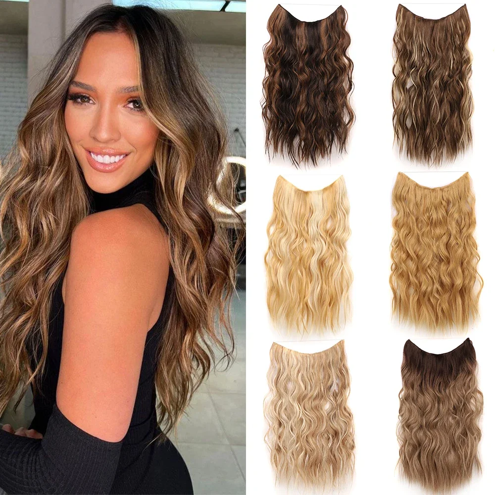 

No Clip Invisible Hair Extensions Long Wavy Synthetic Secret Fish Line False Hair Pieces for Women Black Blonde Brown Fake Hair