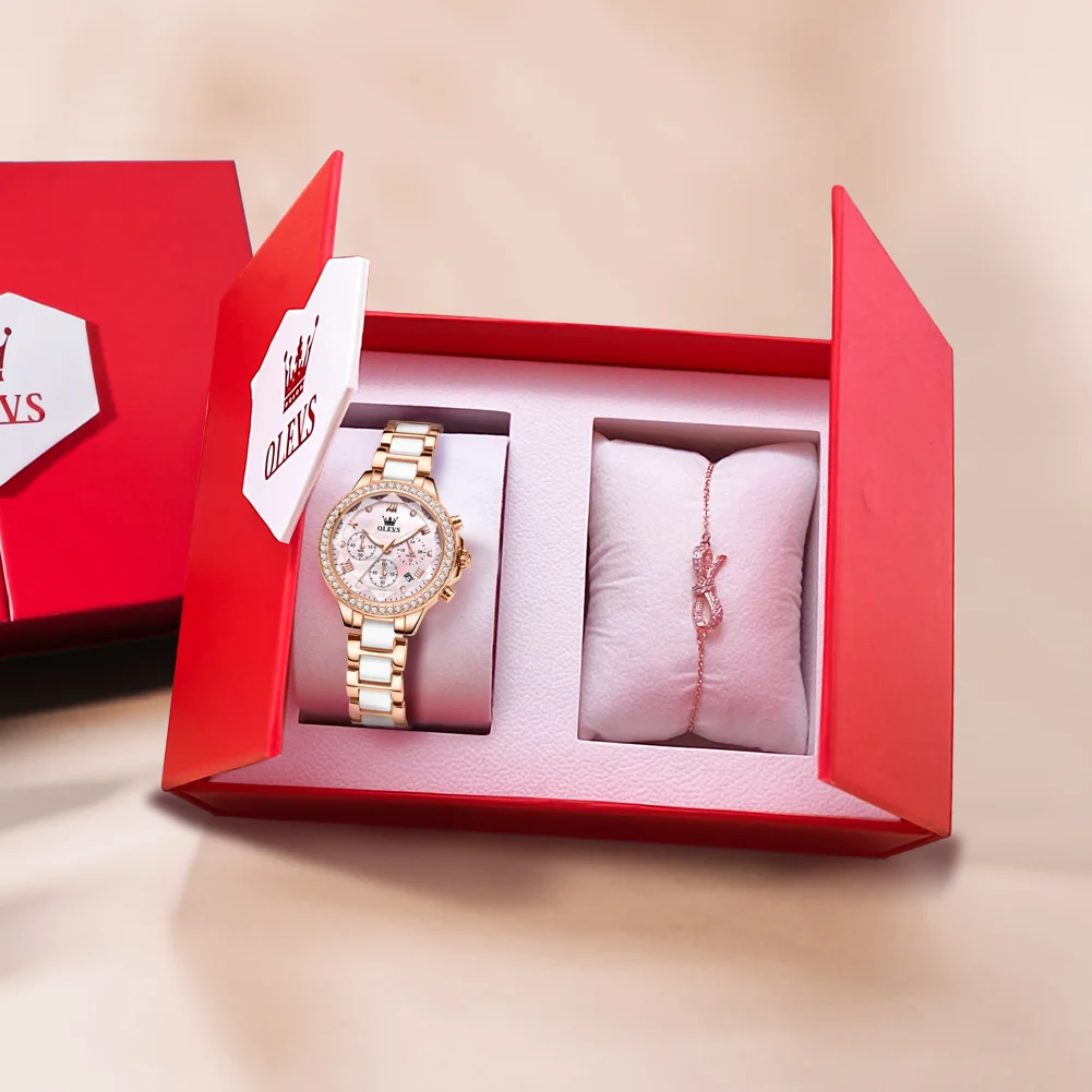 OLEVS 9999 Women Watch Luxury Quartz Wristwatch Ceramic Strap Waterproof Multifunctional Chronograph Ladies Watch Bracelet Set