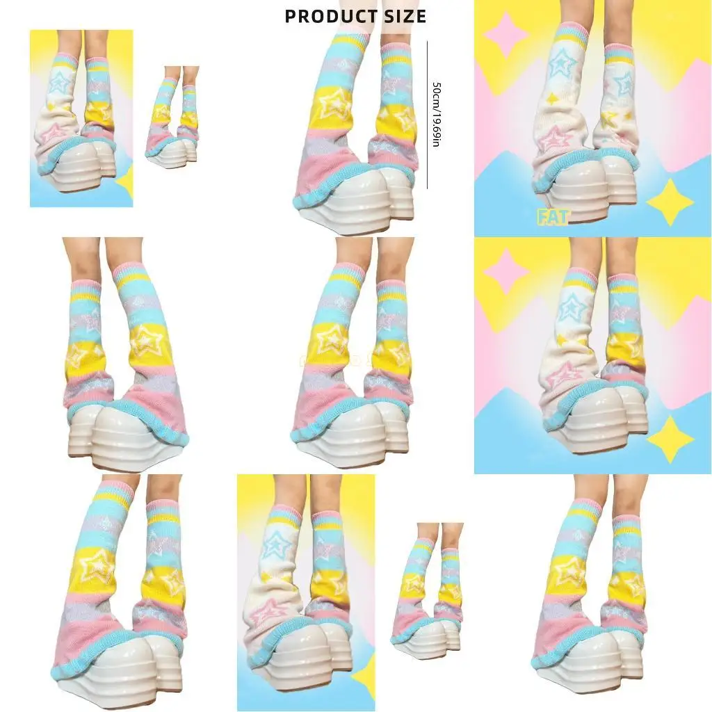

31BF Candy Color Rainbow Readversible Flared The Negsemers со сладкой звездой для женщин эстетические вязаные крышки носков
