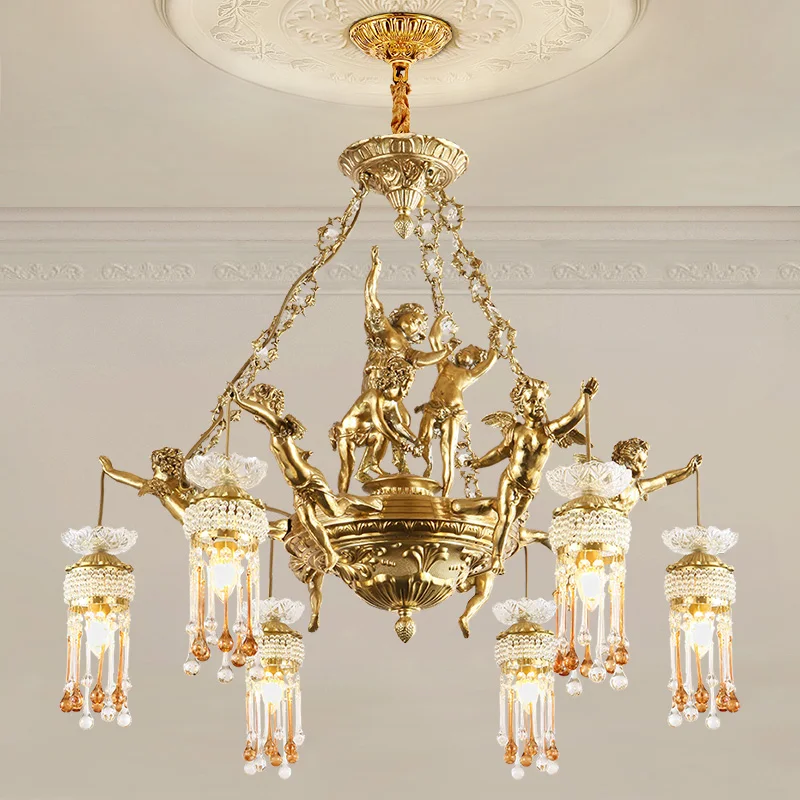 

French Retro Gold Luxury Crystal Copper Chandelier Angel Decoration Lighting European Villa Living Room Brass Pendant Lamp
