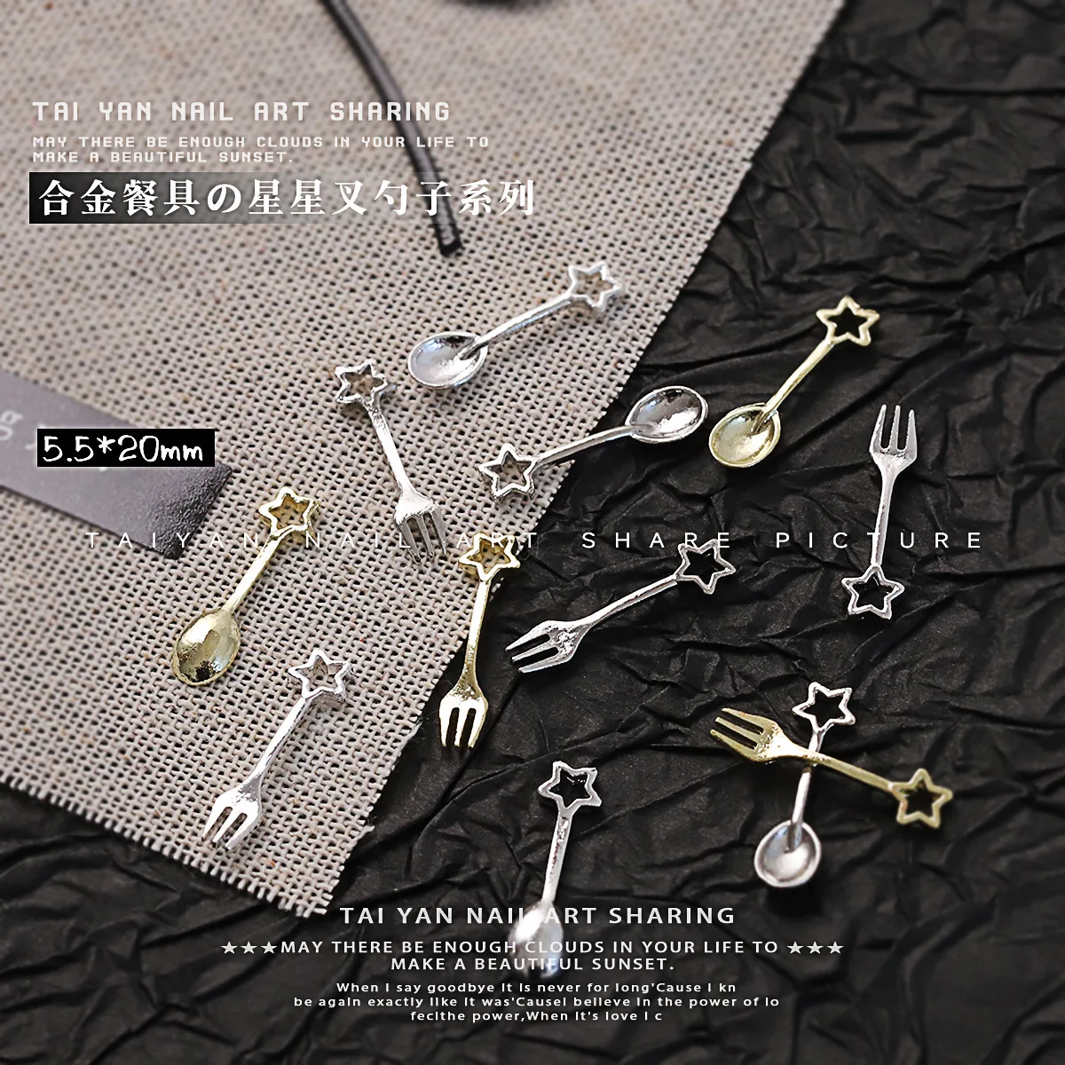10Pcs Box Mixed Knives Forks Nail Art Accessories Tableware Series Fork Spoon Nail Supplies Gold Silver Metal Forks Nail Charms