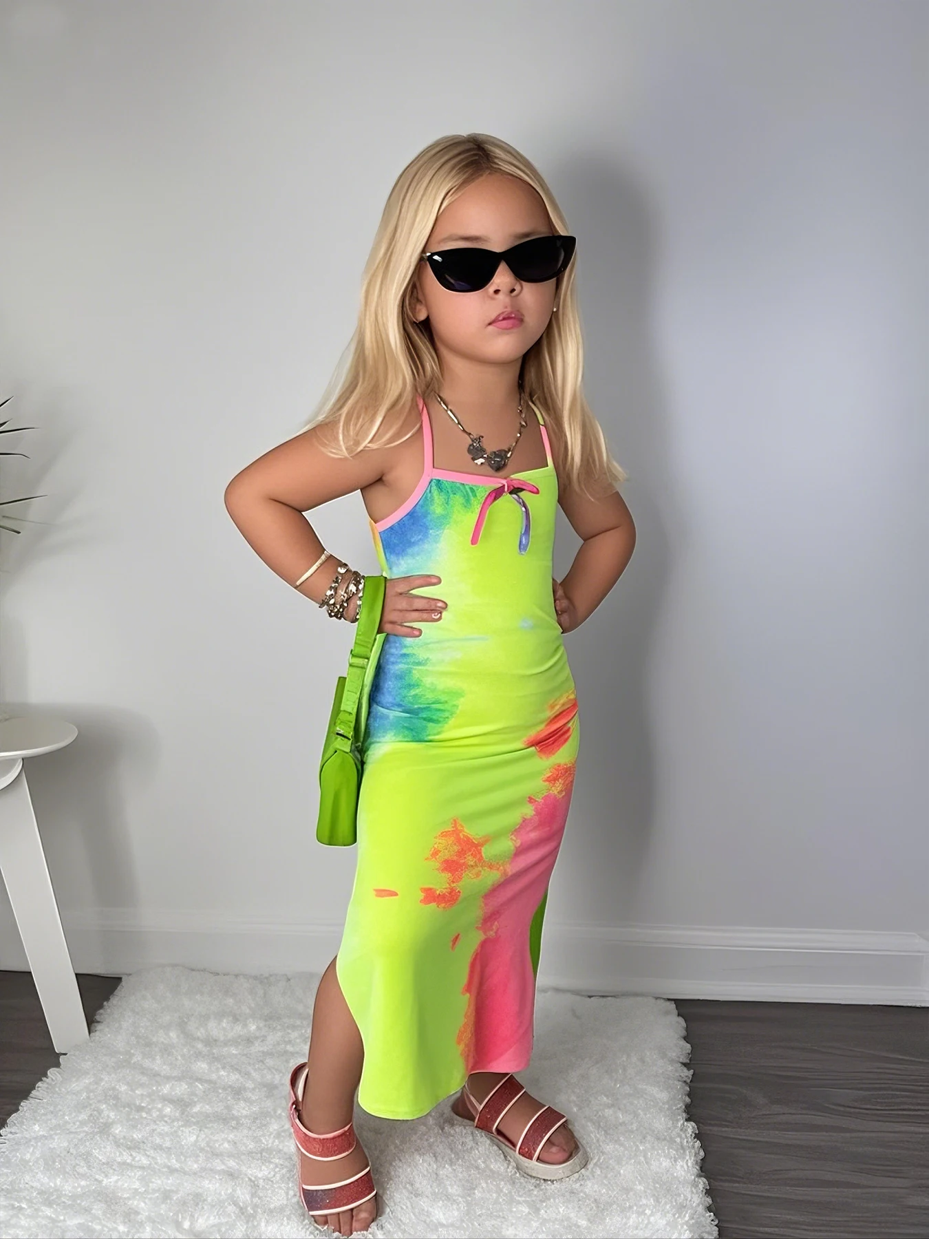 Mädchen Tie-Dye Ärmelloses Maxikleid Kinder Sommer Spaghetti-Träger Bodycon Langes Kleid mit Schlitz