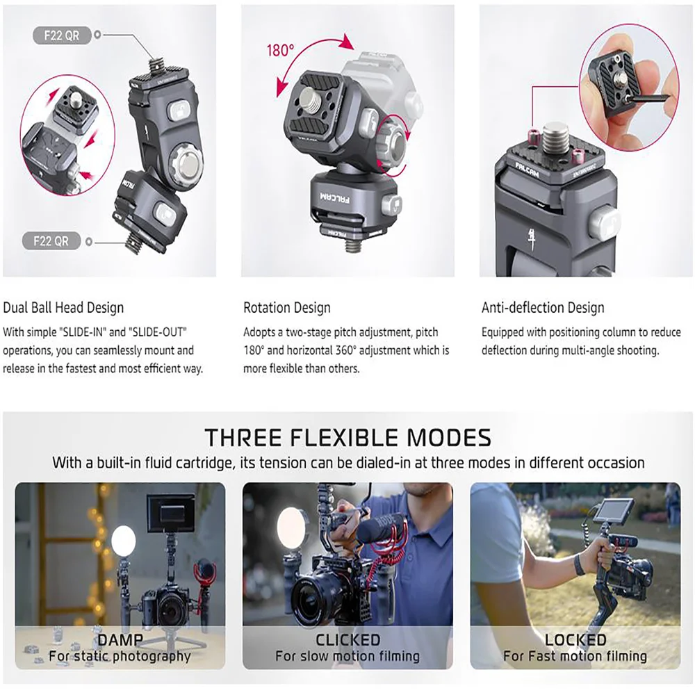 FALCAM-Cabeça de tripé ajustável para DSLR Camera, Monitor Mount, Ballhead, Quick Release, Quick Switch System, F22