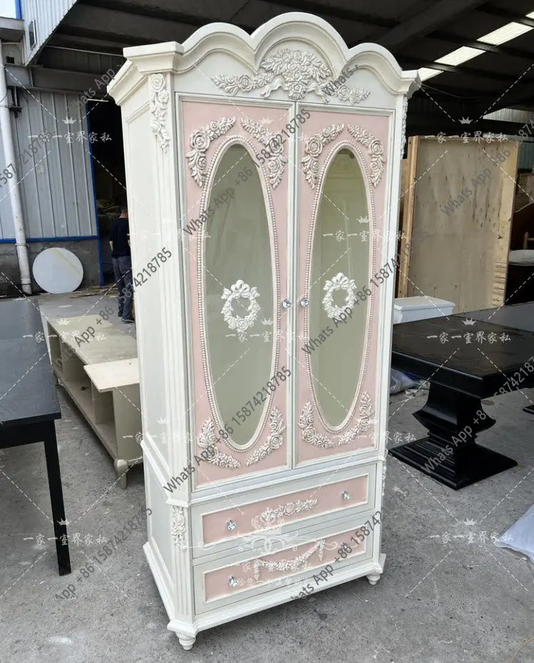

French retro old solid wood carving flower double door wardrobe American children princess cabinet bedroom large wardrobe locker