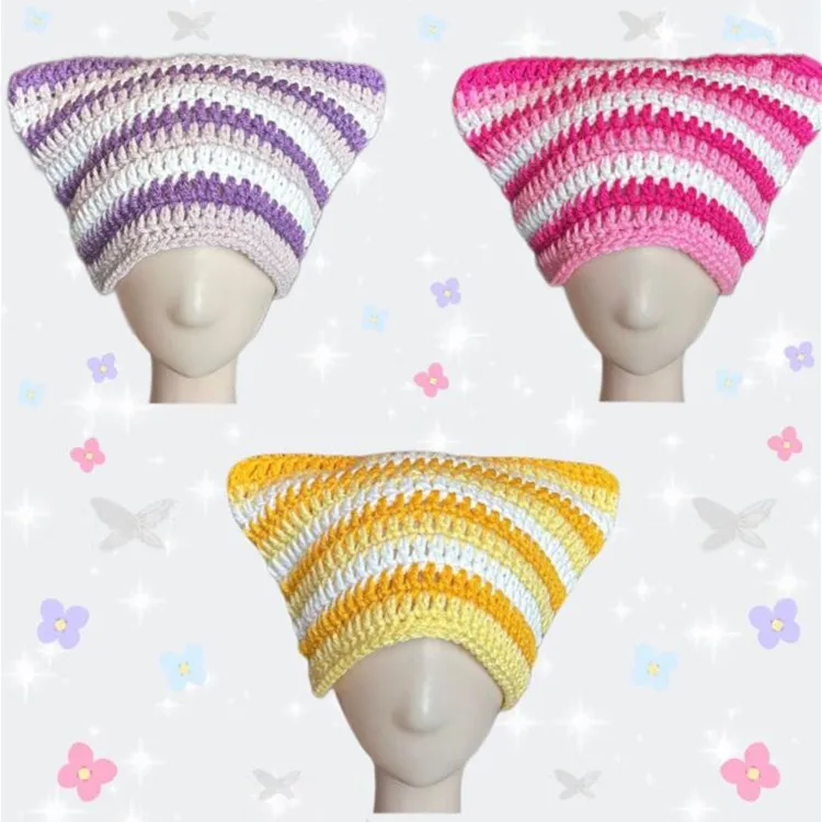 2023 New Cute Cat Ear Women's Hat Japanese Beanie Hand-knitted Striped Pullover Hat