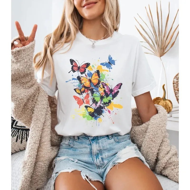Colorful Watercolor Butterfly Splash Graphic T-Shirt Women’s Casual Crew Neck Short Sleeve Vibrant Artistic Print for Summer
