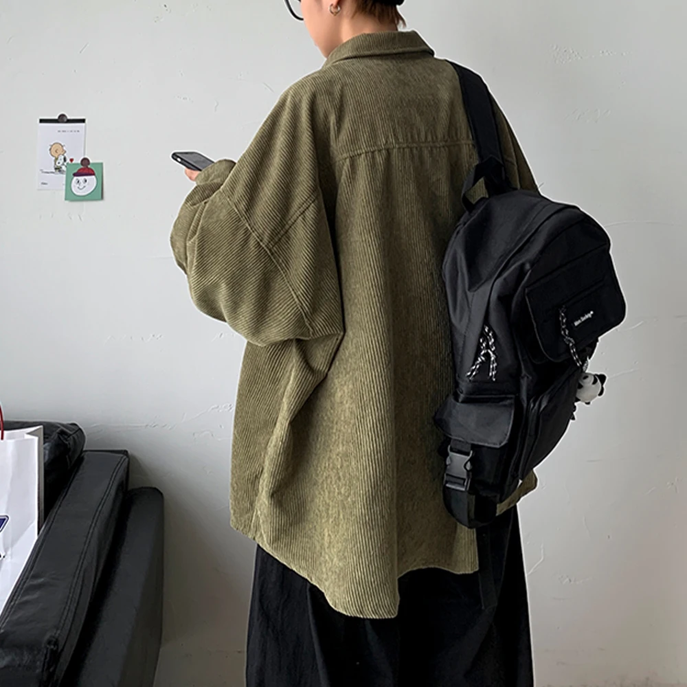 Corduroy Shirts For Men Long Sleeve Black Shirt Spring Summer Korean Streetwear Clothes Unisex Fashion Casual Oversize Shirt