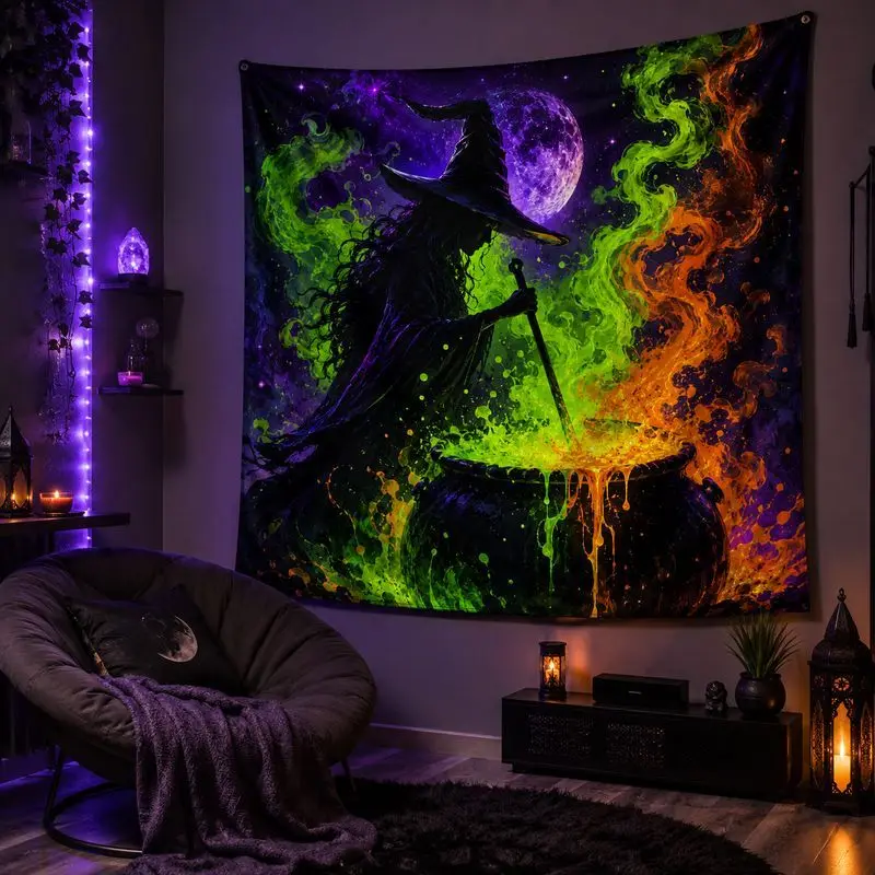 VIKAMA Halloween Witch Moon Tapestry Psychedelic Galaxy Wall Hanging Spooky Aesthetic Party Bedroom Home Decor