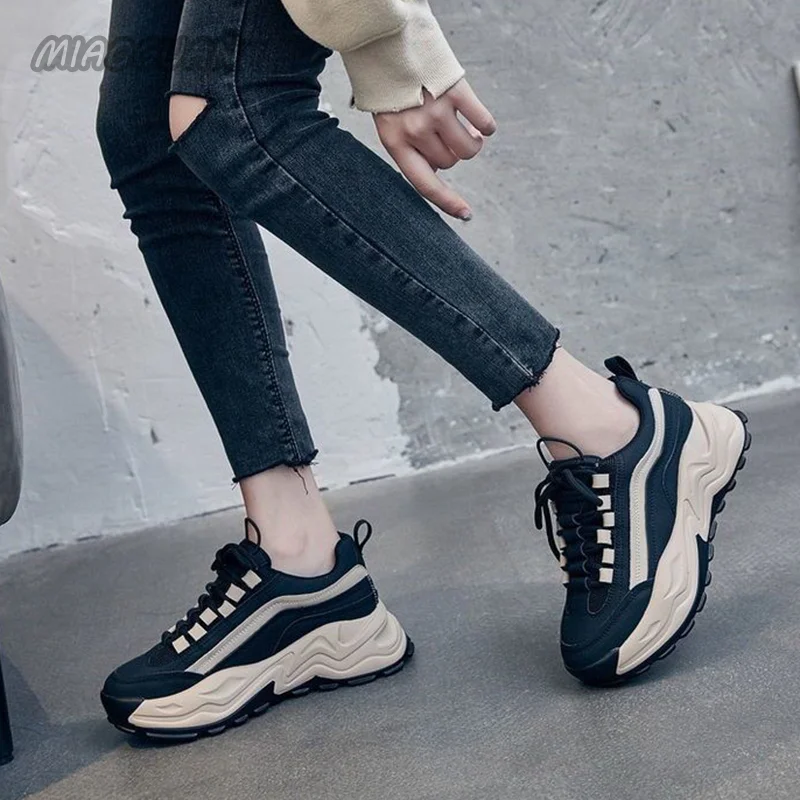 Sneakers Women Spring Women\'s Sneakers Height Increasing Beige Black Autumn Chunky Shoes Leisure Shoes Lace Up Zapatillas Mujer