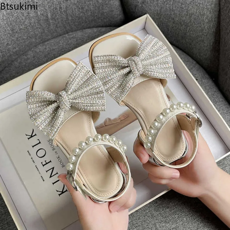 Girl's Summer Sandals Beading Pearl Party Luxury Children Sliders Low Heel Patent Leather Square Toe Beautiful Kids Shoes 26-36