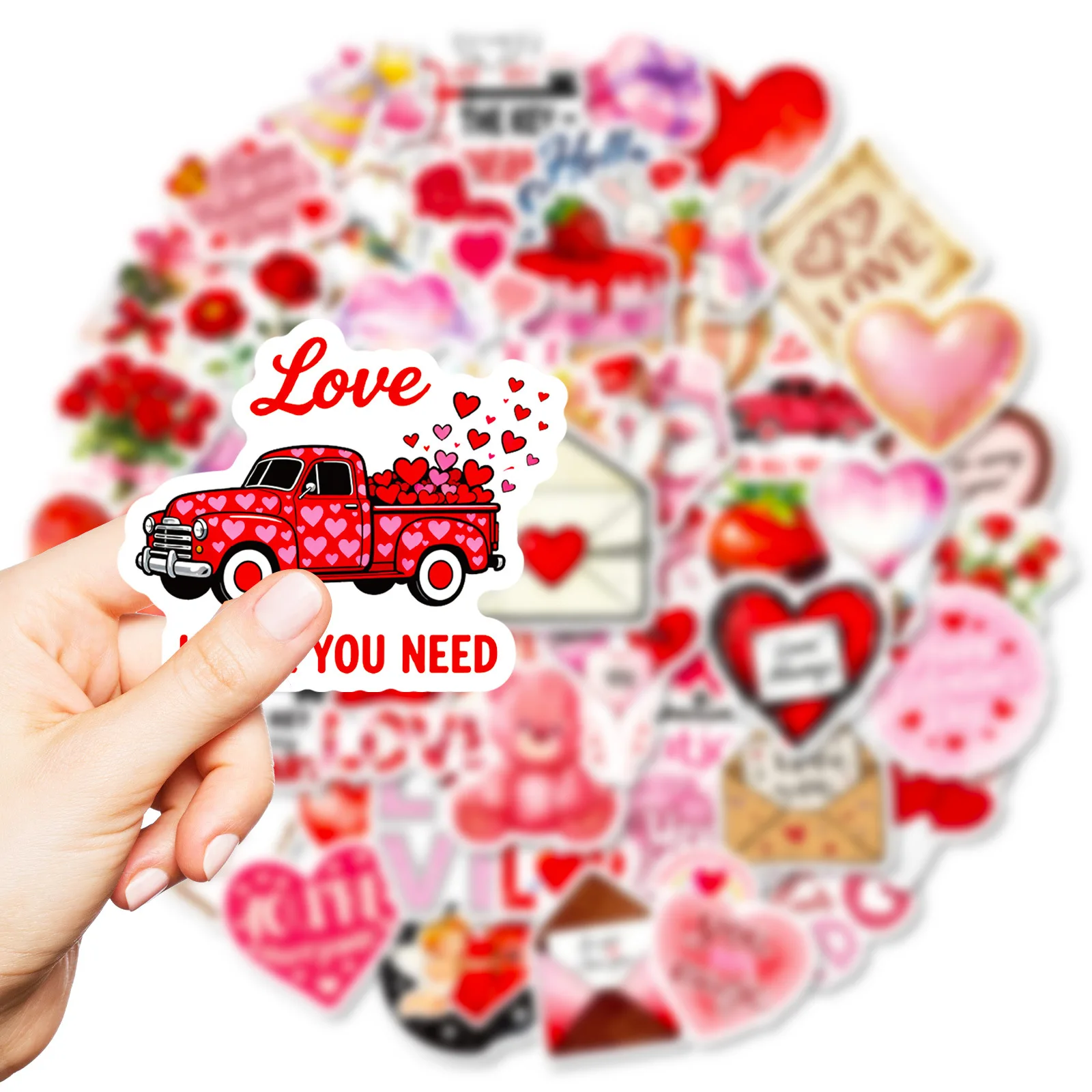 56PCS Cartoon Valentine's Day Hearts Love Graffiti Sticker DIY Decoration PVC Waterproof Skateboard Notebook Graffiti Toy