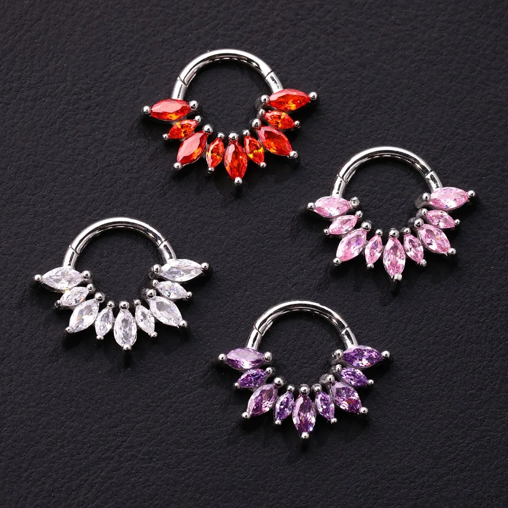 1/4 Pcs 316 Stainless Steel Closed Hinge Inlaid Purple, Pink, White, Orange 5A Zircon Pierced Nose Ring Earrings