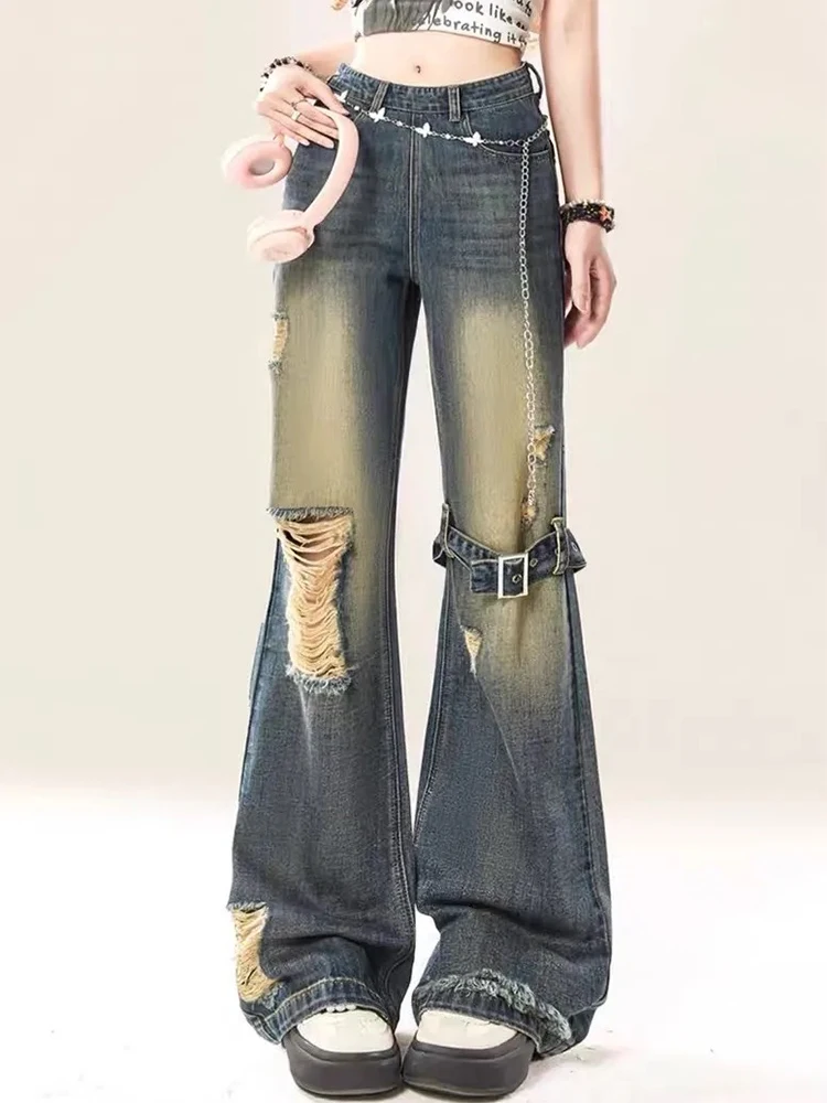 Damskie jeansy vintage w kolorze niebieskim, luźne, z dziurami, w stylu Y2k, japońskie, z lat 2000., lat 90., Harajuku, dżinsowe spodnie, streetwear, estetyczne spodnie, ubrania w stylu trashy.