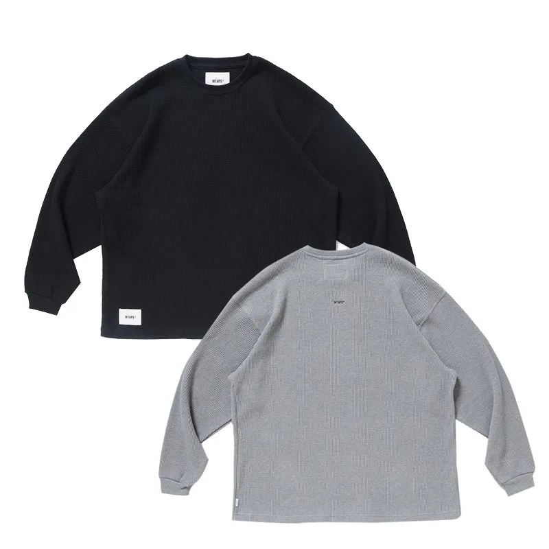 WTAPS Men's Heavyweight Waffle Knit Long Sleeve T Shirt Japanese Cityboy Oversized Solid Color Crew Neck Casual Streetwear Top