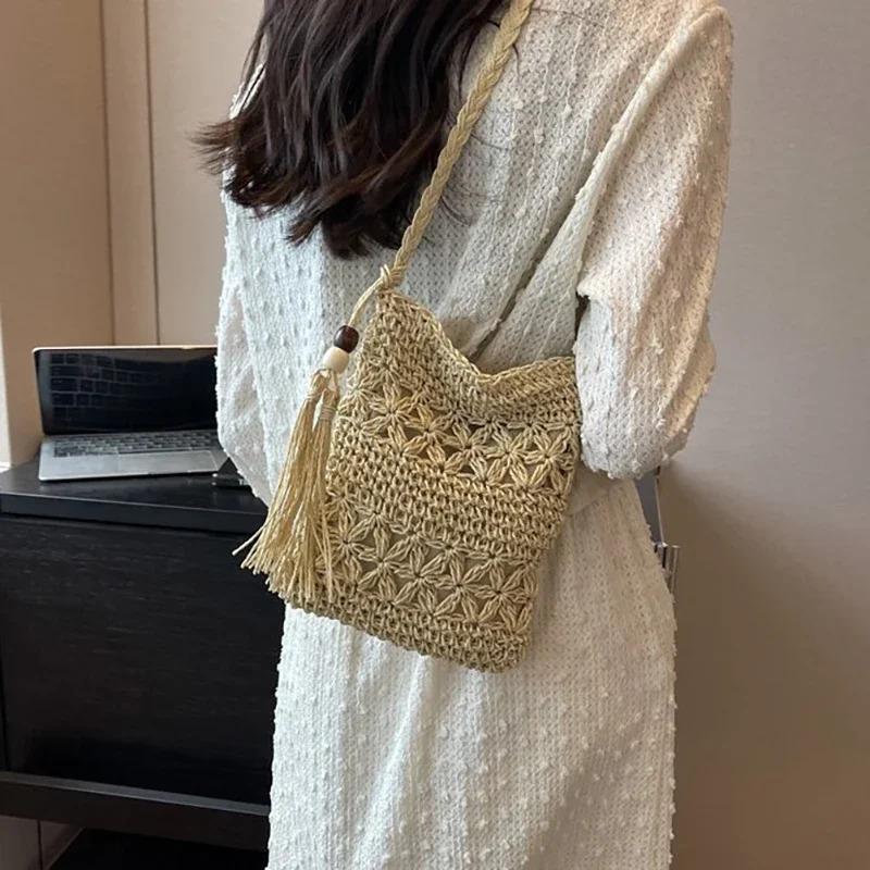 Women Beach Woven Straw Shoulder Messenger Bag with Tassel Boho Hollow Out Crochet Crossbody Handbag Macrame Clutch Purse Wallet view 4