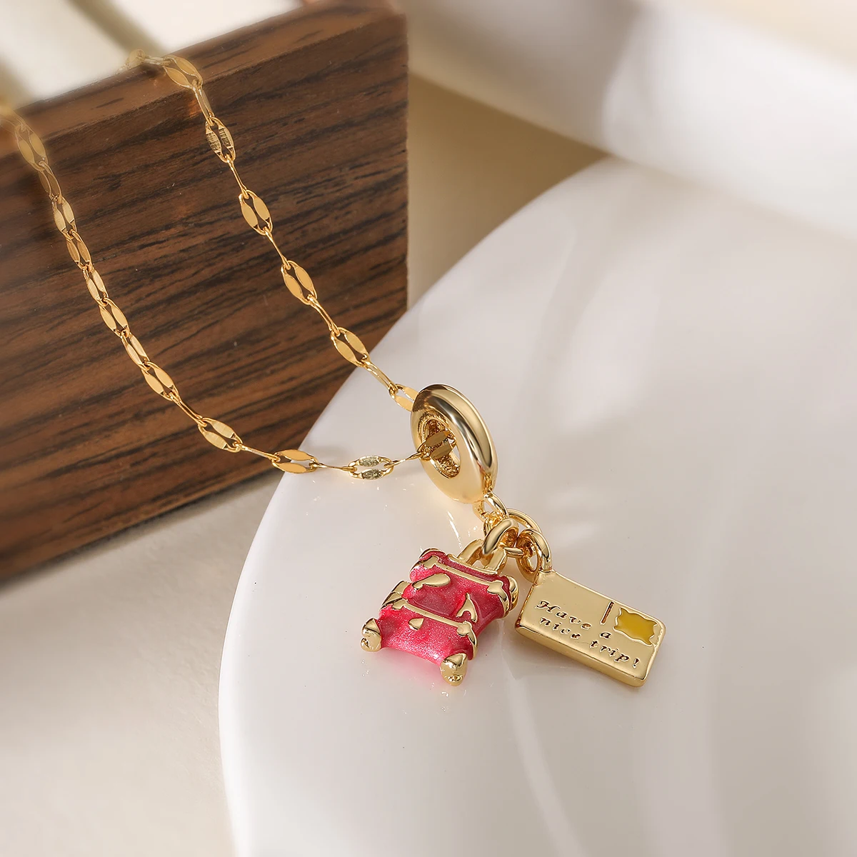 Unique Geometric Design Gold Color Expoxy Oil Dripping Suitcase Pendant Necklaces For Women Girl Daily Jewelry