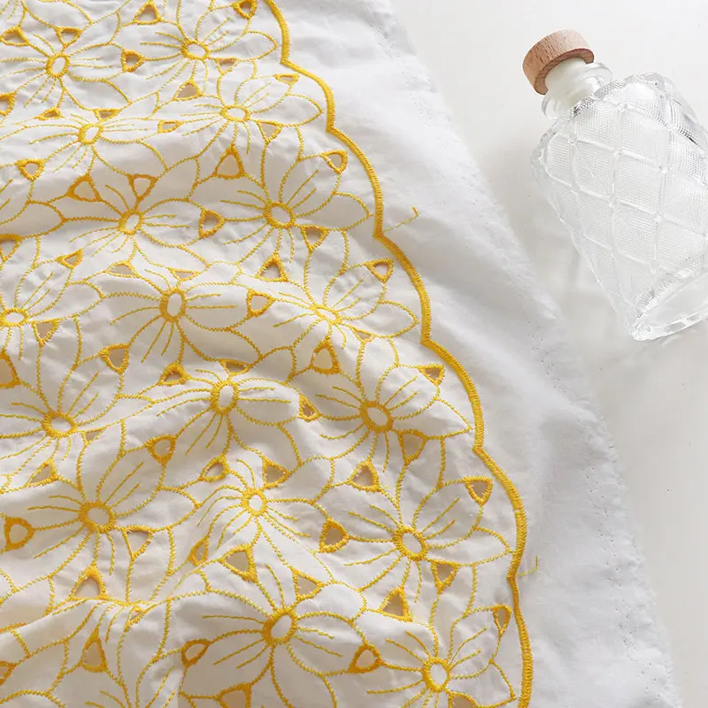 100% Cotton Embroidered Eyelet Lace Fabric Yellow Hollow Out Floral Soft Summer Lightweight Breathable Dress Custom DIY Sewing view 2