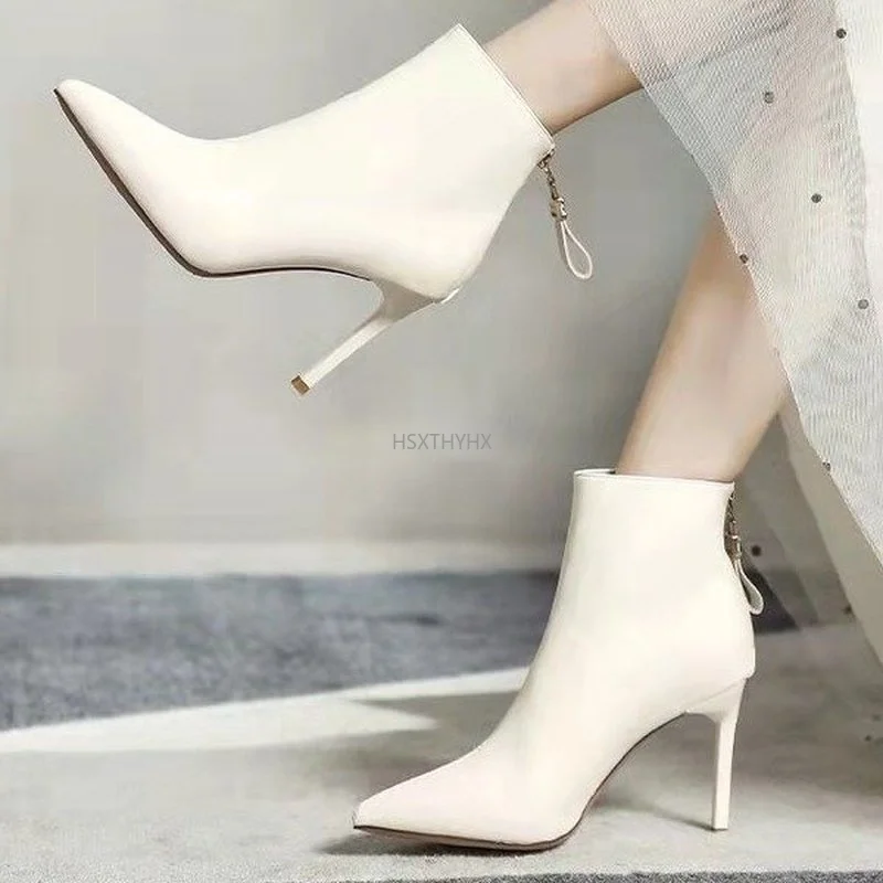 2023 New Women Boots Fashion Thin High Heel Ankle Boots Sexy Pointed Toe Zipper Boots Autumn Winter Ladies Shoes White Boots