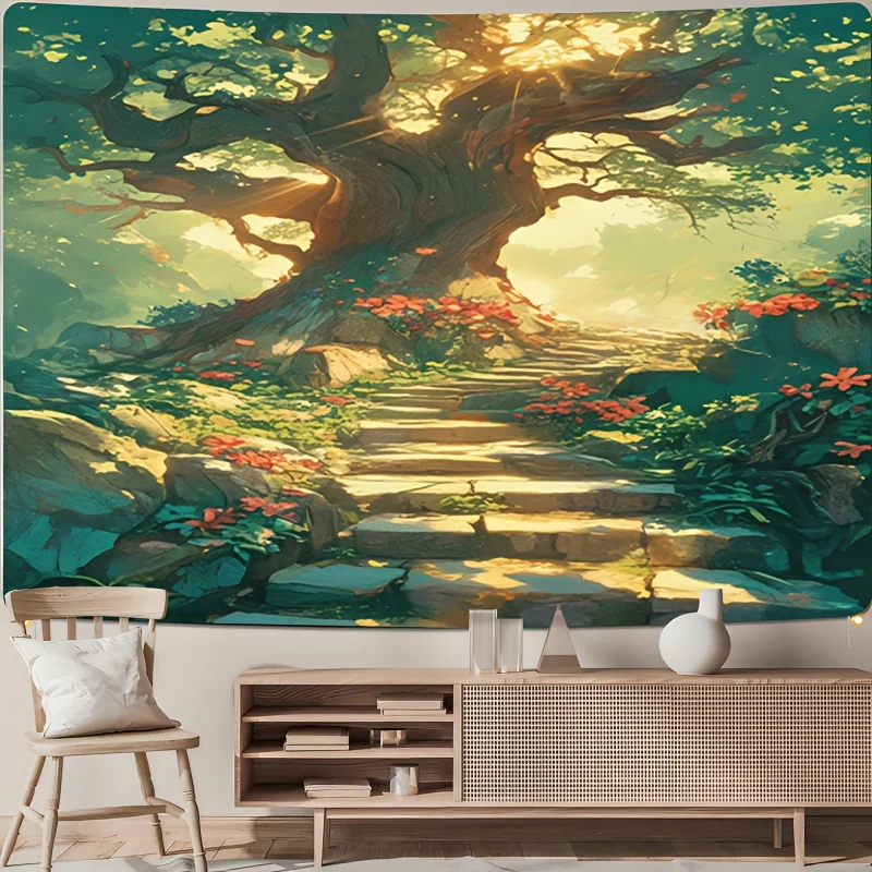 Ancient Tree Sanctuary Theme Digital printing polyester wall hanging tapestry decorative Living room bedrooms background gift
