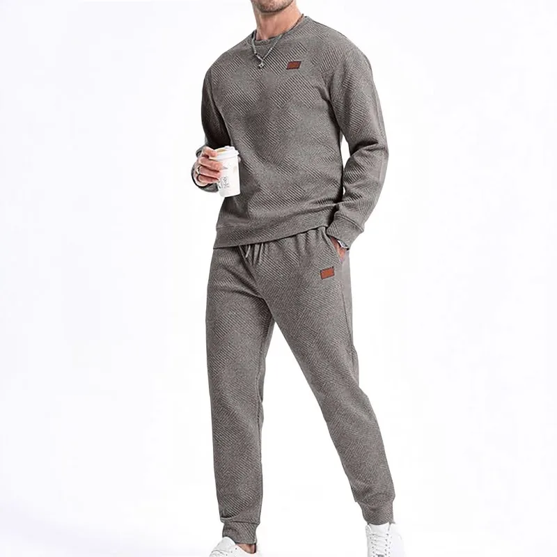 Spring and Autumn Sweatshirt Men's Sports Casual Solid Color Round Neck Jacquard Sweater Two-piece Set