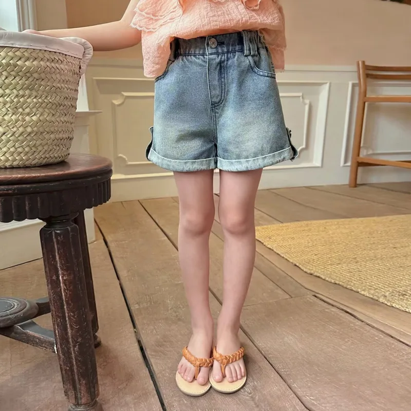 

Girls' Denim Shorts New Summer Style Stylish Loose Fitting Casual Simple And Versatile Rolled Edge Children's Pants Trend