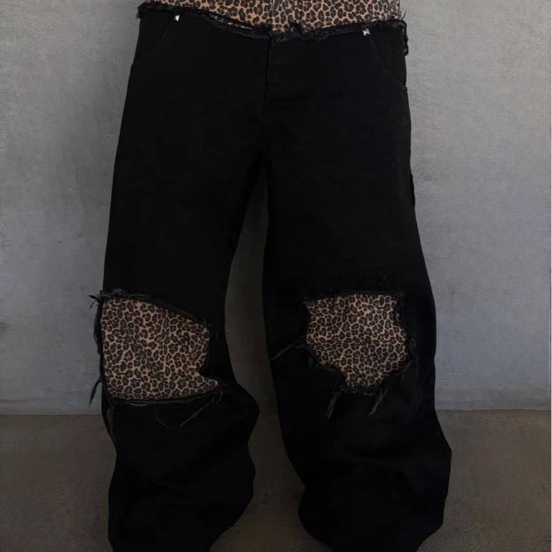

2026 Американские ретро леопардовые принты в стиле пэчворк, искусственные мужские джинсы из двух предметов, прямые джинсы с шваброй, свободные повседневные брюки