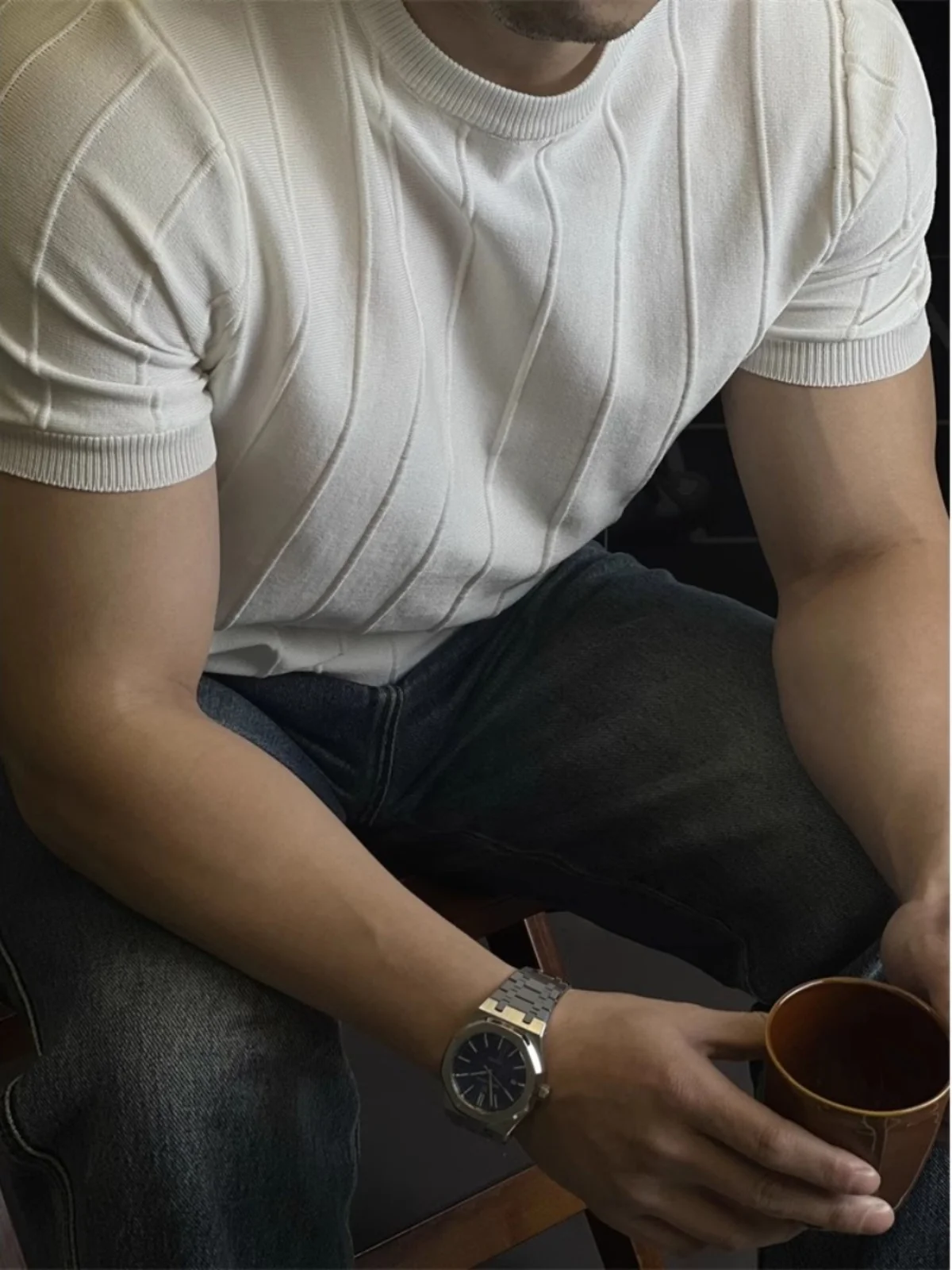 

Ice Silk ort Sve T-irt Men's Knitted Thin Summer New Sle Simple Color round Ne f Sve Cool Feeling Yout...