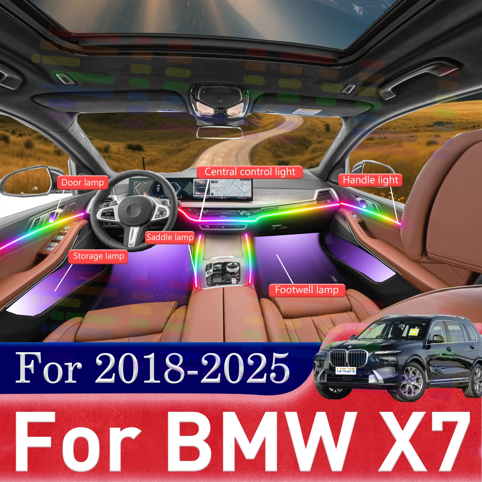 

Для BMW X7 салон автомобиля окружающего освещения RGB 64-цветный светодиодный комплект быстроблокировки для установки 2018-2025 гг.