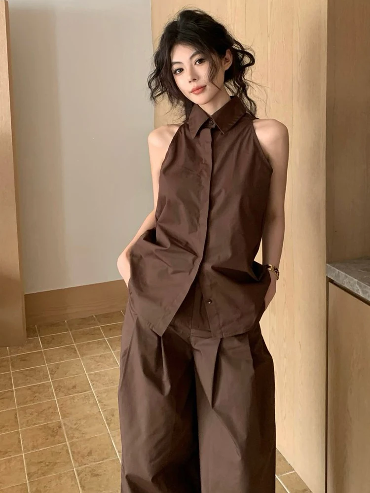 Summer High Quality Two Piece Set For Women Fashion Casual Halterneck Sleeveless Top + High Waist Wide Leg Pants