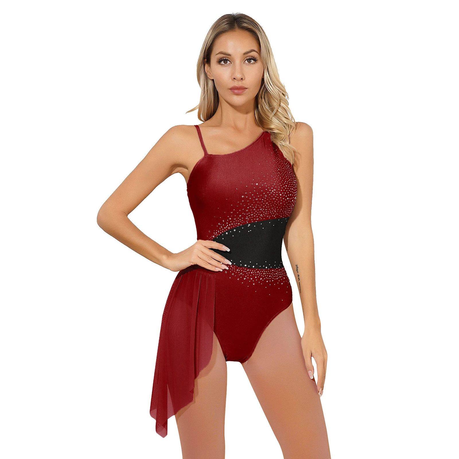 Womens Ballet Lyrical Dance Costume Figure Skating Dancewear Glittery Rhinestone Irregular Shoulder Sleeveless Leotard Bodysuit