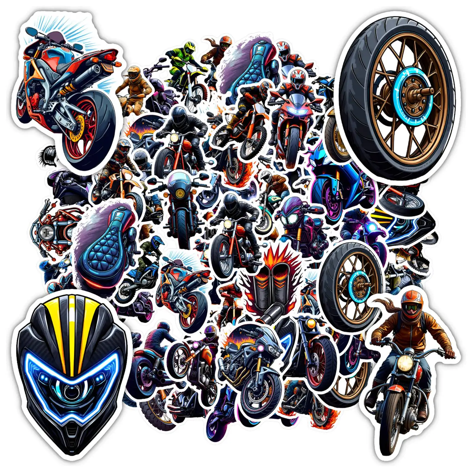 

35-50 шт. динамичных мотоциклетных наклеек: яркие граффити-декали для приключений, забавные стикеры для DIY-декора телефонов, ноутбуков, скрапбуков, велосипедов