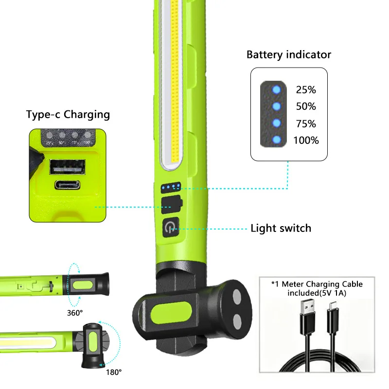 Auto repair work light, multifunctional magnetic suction car cob lighting, long endurance portable emergency light