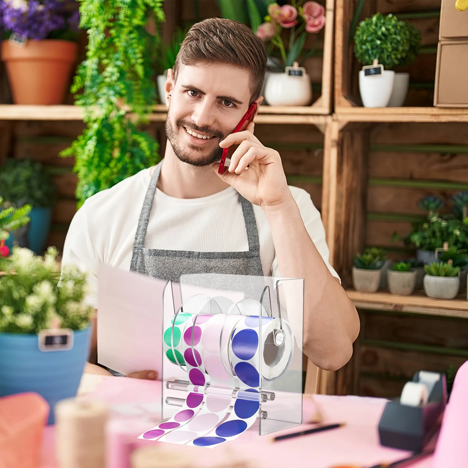 Aufkleberspender, verstellbares Etikett, transparenter Acryl-Aufkleberrollenhalter, Organizer, manueller Etikettenapplikator für Büro und Zuhause