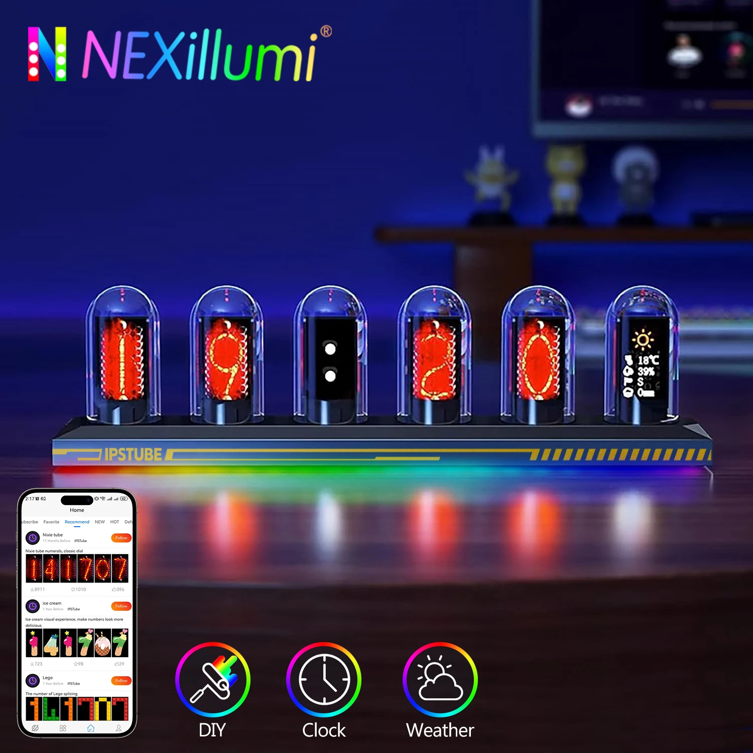 Nixie Tube RGB IPS Screen LED Retro Digital Clock Night Light,DIY Lamp Support Wi-Fi Time Calibration, APP Control, Weather Mode