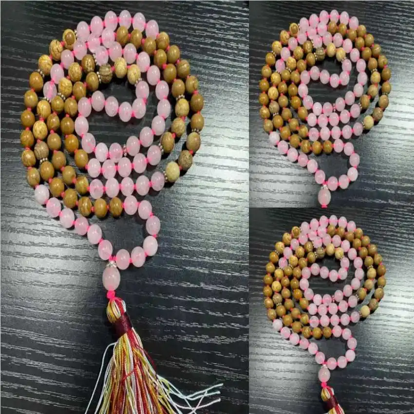 

8mm 108 wood grain stone pink crystal beads knot necklace Men Healing Tranquility Crystal Zen Prayer Couples Mala Yoga