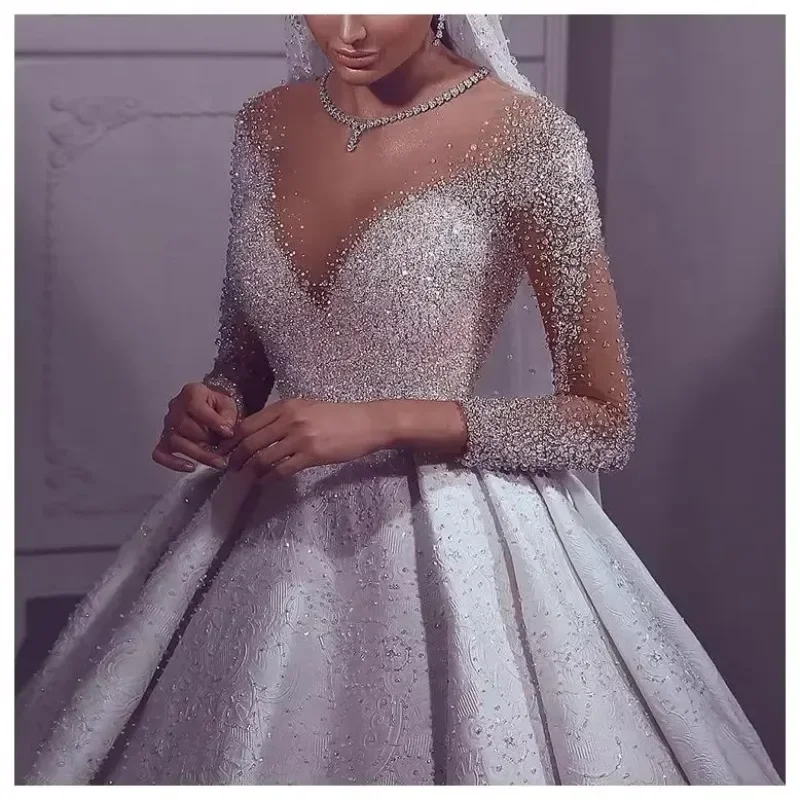Customized Custom Luxury Beaded Sequin Bridal Wedding Dress Gorgeous Handmade Long Sleeve Lace Ball Gown