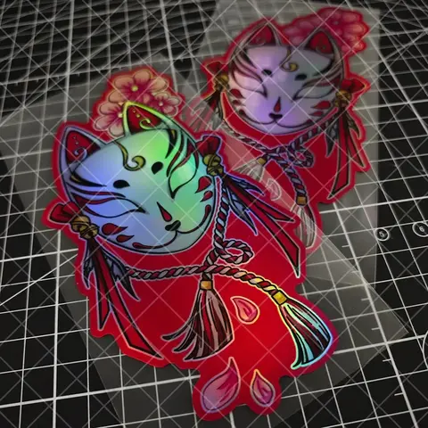 Iridescent Laser Outline Red Base Fox Spirit Mask Sticker Set, Oriental Ukiyo-e Style Waterproof Car & Laptop Decor Decals