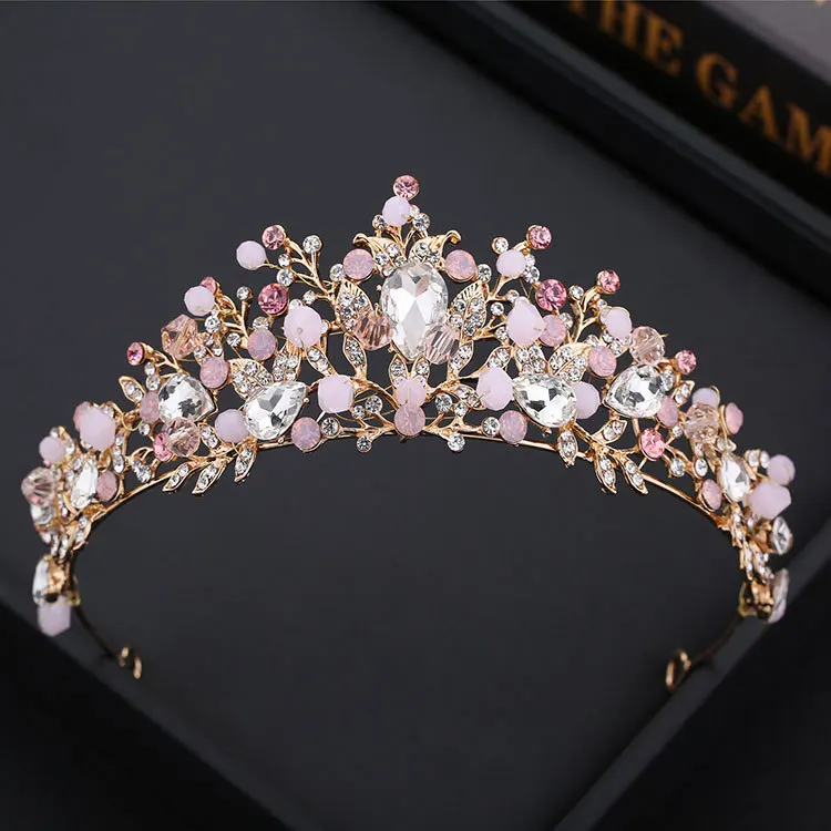 Pink Color Crystal Pearl Crown Bride Tiara Diverse Fashion Wedding Crown Headpiece Queen Hair Accessories Jewelry Headwear