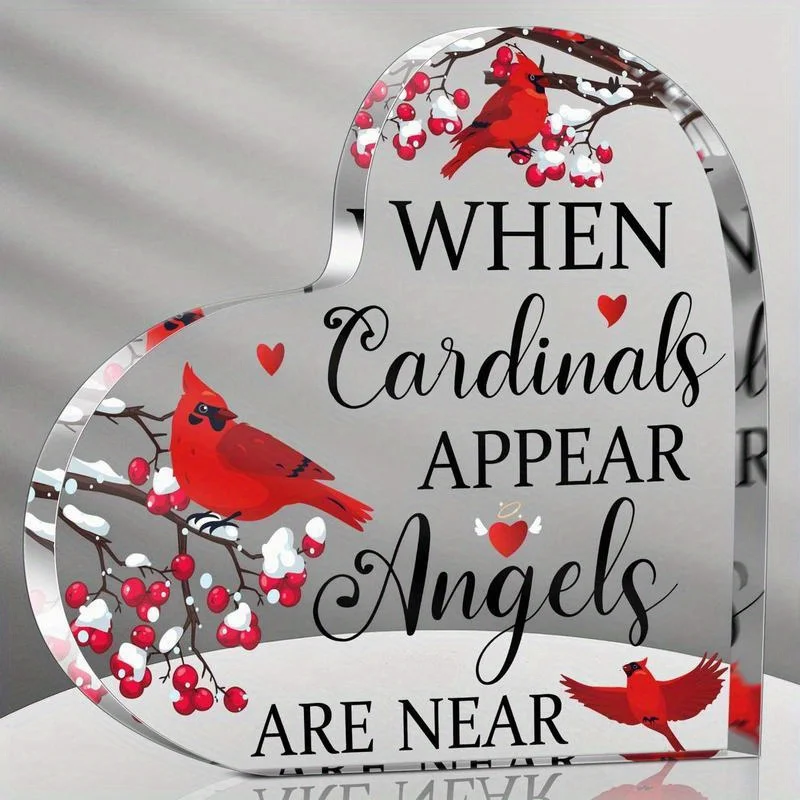 Winter Branch Red Cardinal Clear Acrylic Heart Plaque, Home Condolence Decoration