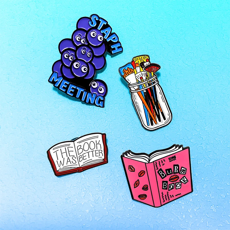 AniPins Cute Start-meeting Pins 4-design Enamel Books oil-painting Brush Brooch Pin For Women's Backpack Clothes Lapel Badge