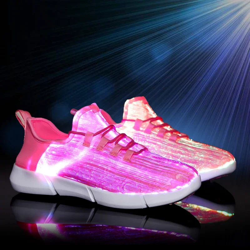 LED acender a fibra óptica sapatos, tênis brilhantes, traje de dança luminosa, USB recarga, verão