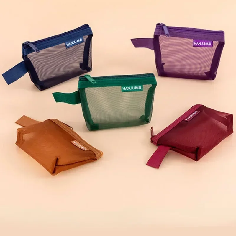 Small  Nylon Portable Three-dimensional Triangle Mesh Coin Bags Purses Keys Earphone Makeup Toiletry Visible Storage Bag