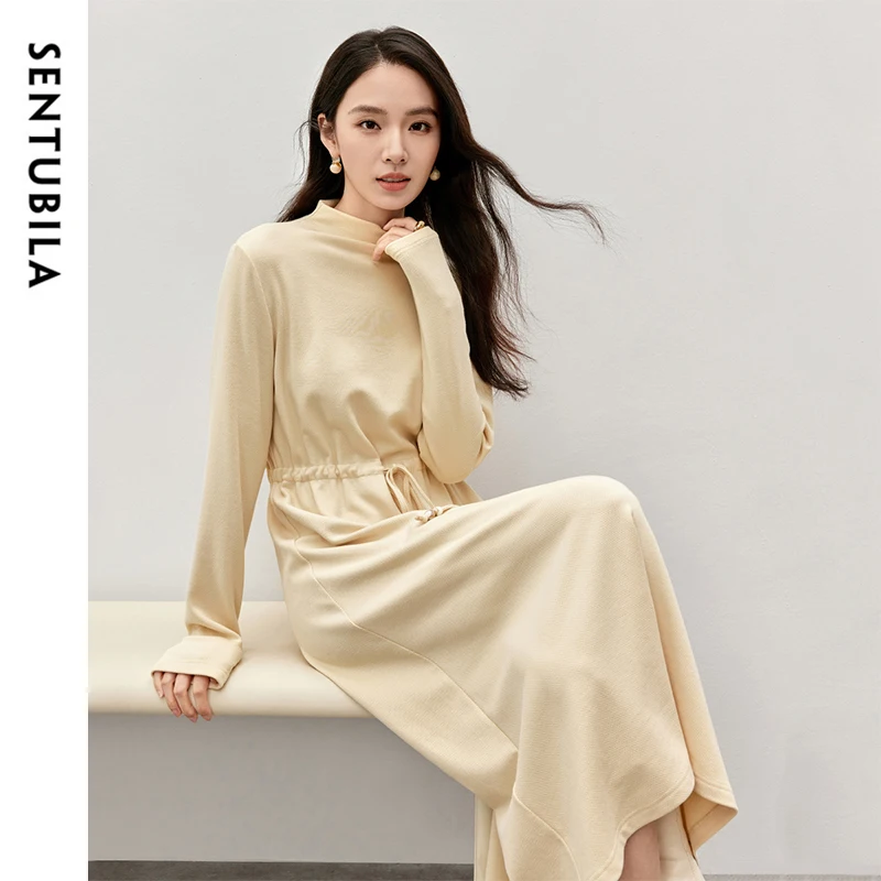 

SENTUBILA Luxury Dress Cotton Knitted for Woman 2025 Autumn Casual Drawstring Waist Long Sleeve Straight Midi Dress 144L57217