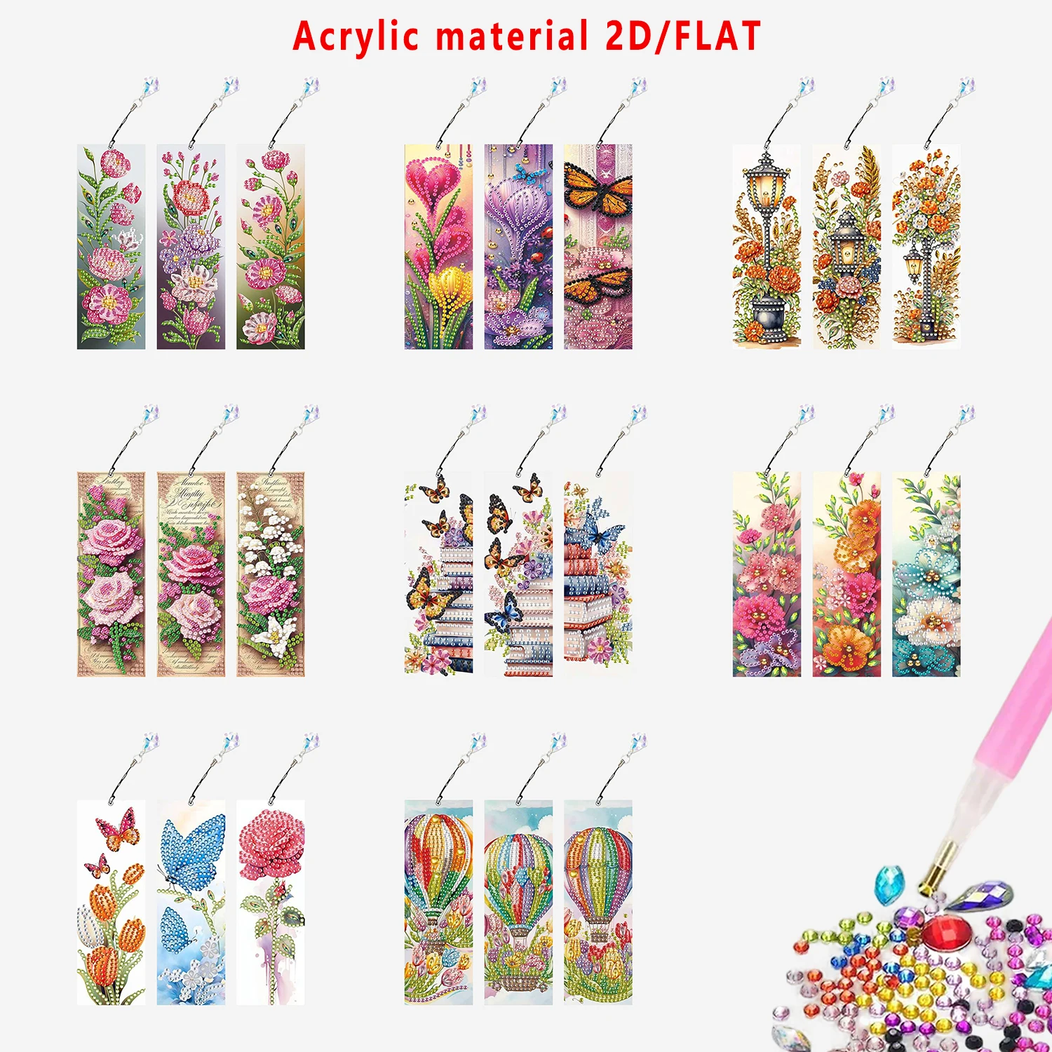 Three-piece diamond painting bookmark set, DIY creative colorful floral and butterfly design, with diamond book bookmarks
