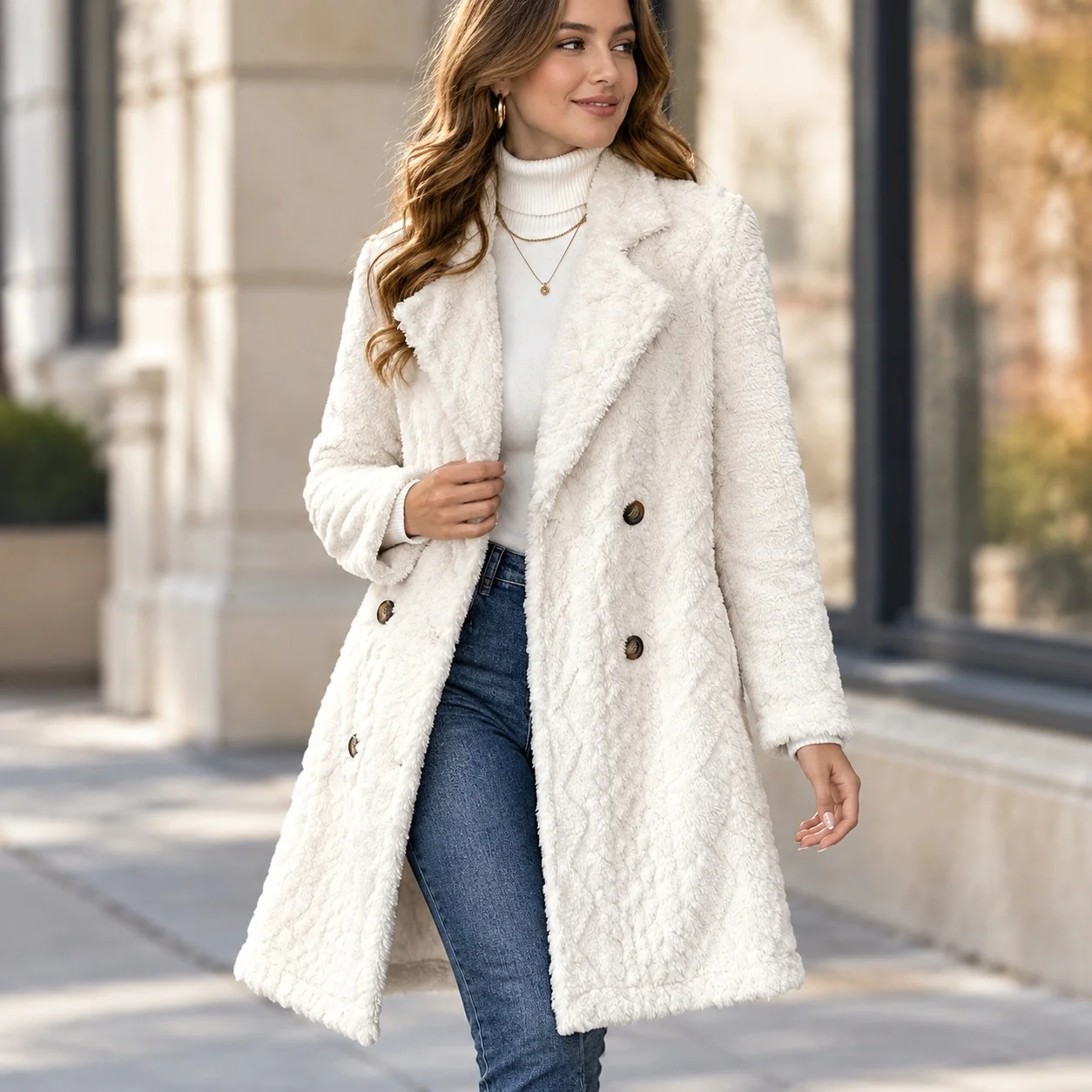 Loose Fit Coat Suit Collar Casual with Business Professional Jacquard Weave Double Breasted Two Button Front Women Autumn Coat