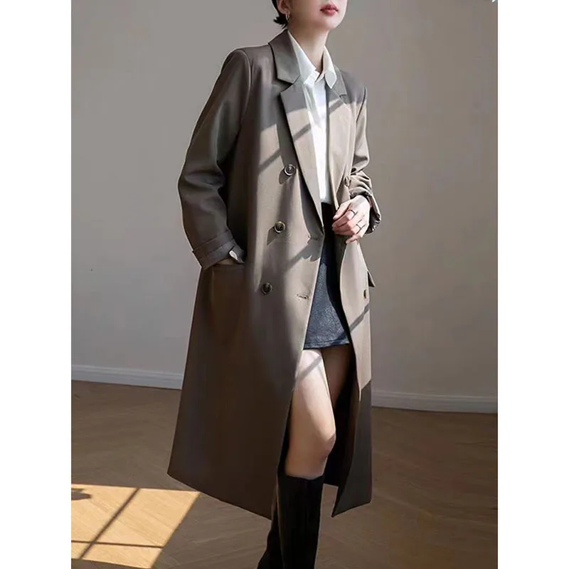 Zoki Women Elegant Long Blazer Jacket Autumn Fashion Korean Solid Casual Double Breasted Coats Office Lady All Match Outwear