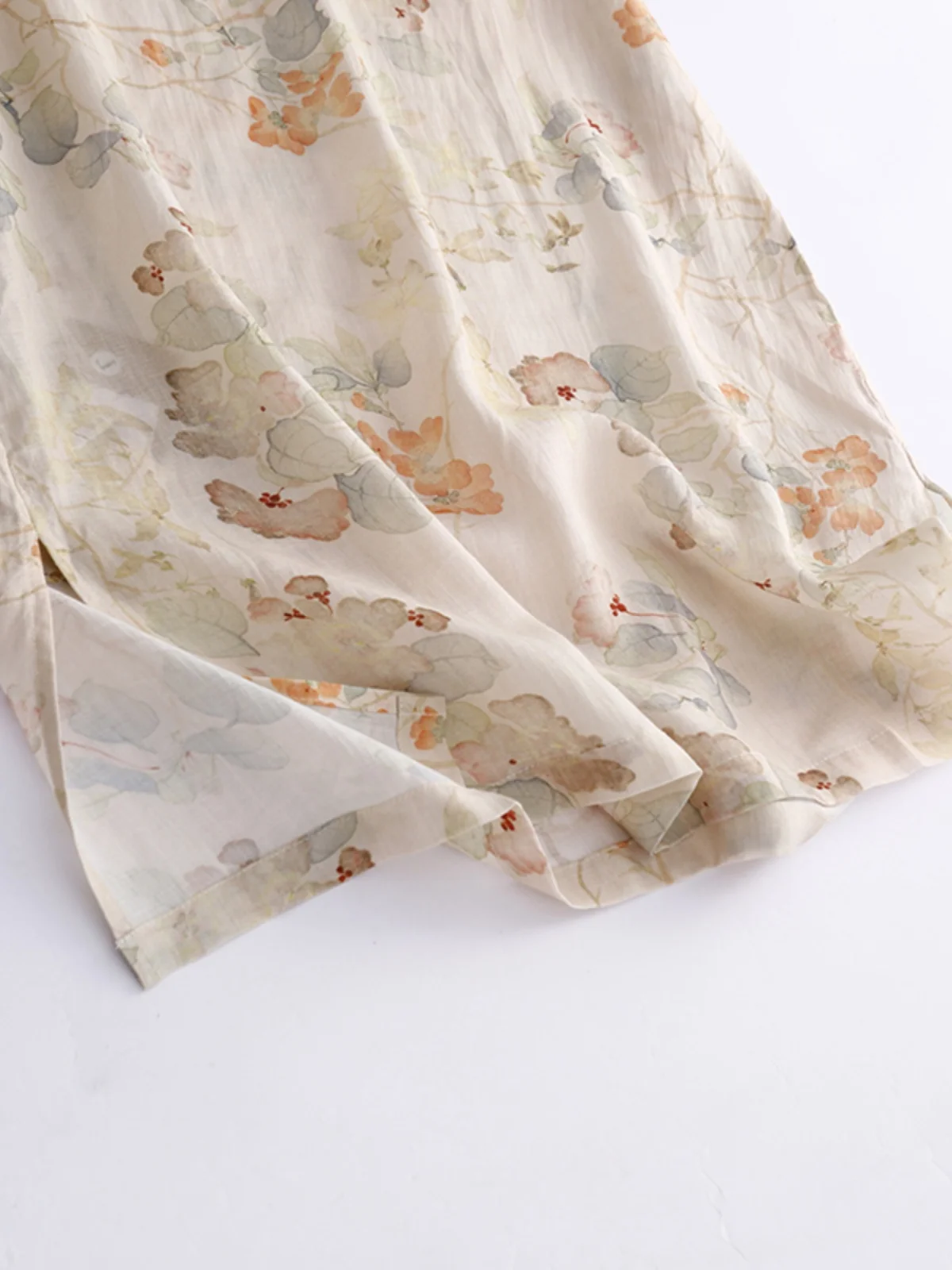 الرجعية الصينية Sle فضفاضة تناسب الخامس ن شق مطبوعة الكتان الدكتور زر اللؤلؤ الجانب زر f Sve ثوب الصيف ألف خط تنورة #4