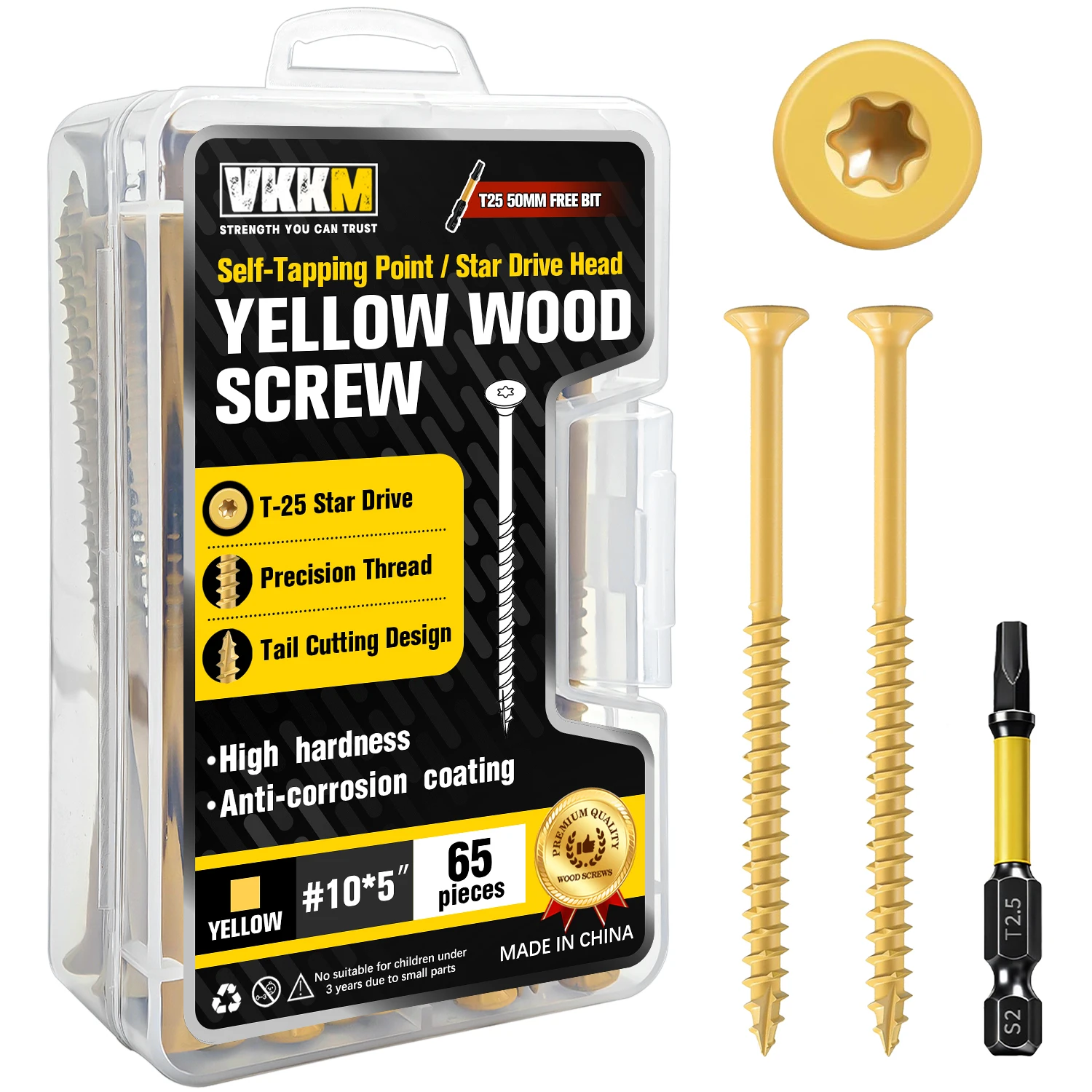 65Pcs T25 Yellow Wood Screws #10x5