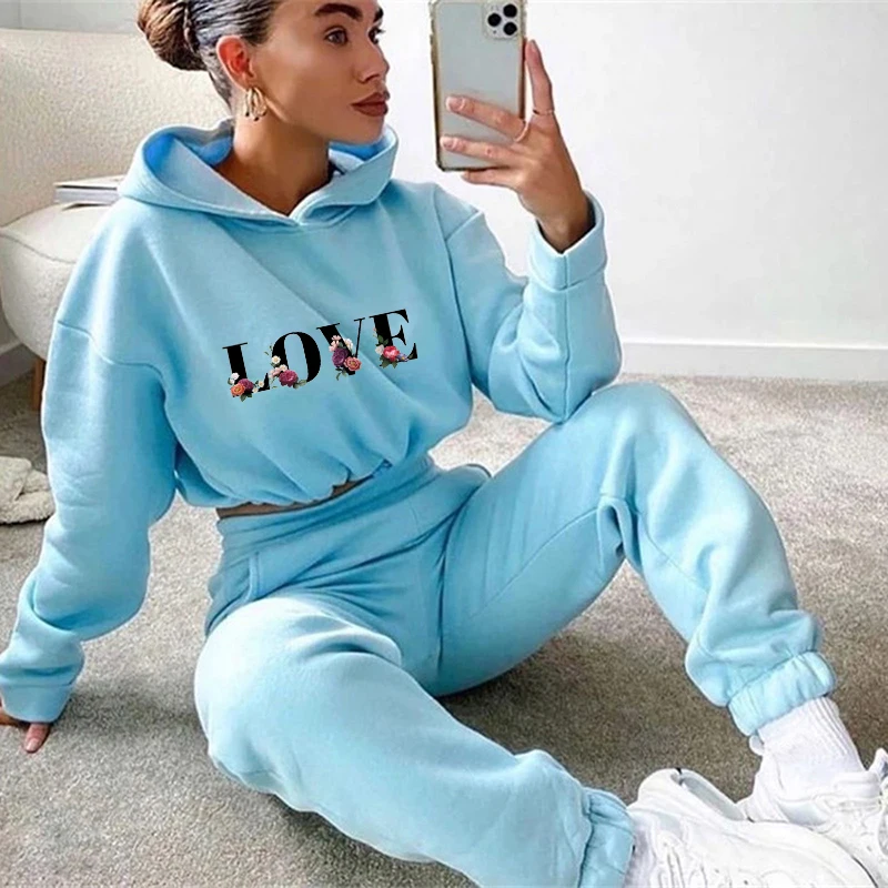 Womens Hooded Tracksuit Drawstring Sports 2 Pieces Set Jogging Pullover Sweatshirts Pants Suit Home Sweatpants Trousers Outfits